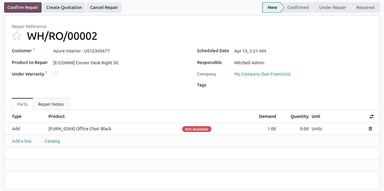 Repair order form in Odoo Repairs.