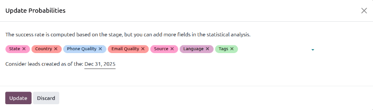 預測潛在客戶評分設定中的更新機率視窗。
