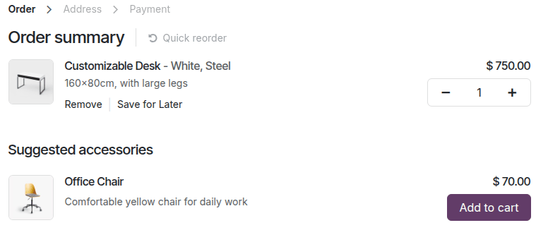 Suggested accessories at checkout during cart review