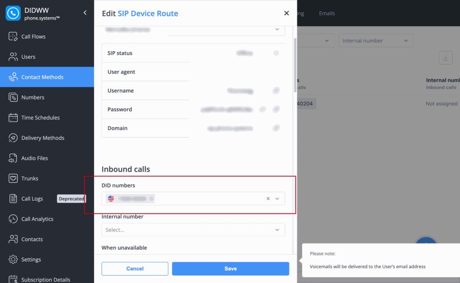 The DID numbers field in DIDWW.