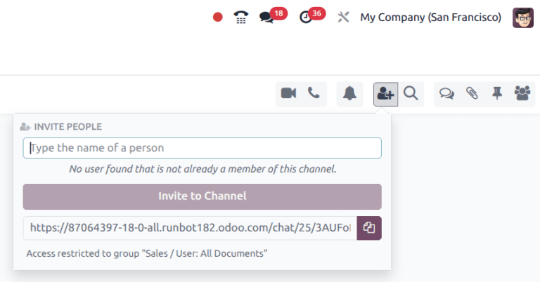 View of Discuss' option to invite members in Odoo Discuss.
