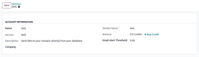 Settings page for setting up an SMS account in Odoo.