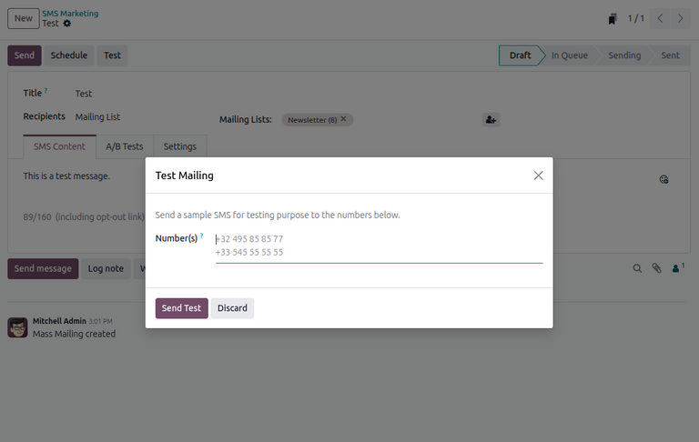 View of an SMS test in Odoo SMS Marketing.