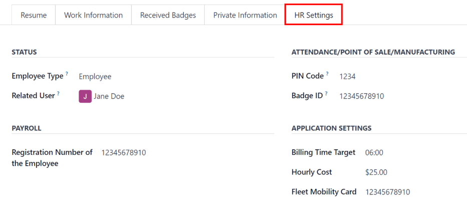 Insira todas as informações solicitadas na guia Configurações de RH para o funcionário.