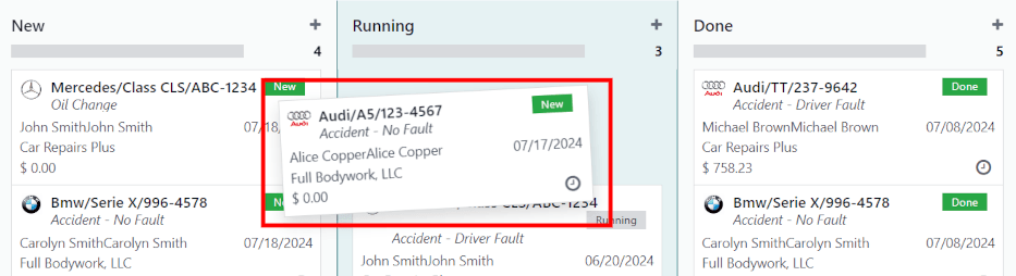 看板阶段视图，卡片被拖放到运行阶段。