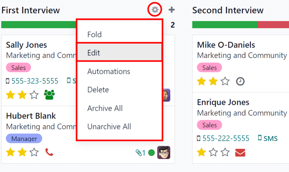 鼠标移动到列名上时出现的齿轮图标，以及点击后显示的下拉菜单。