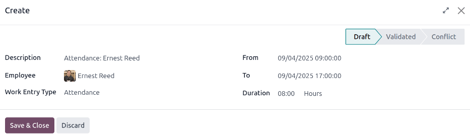 Remplissez le formulaire de création d'une prestation dans Odoo.