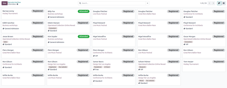 The Attendees page, via the Registration Desk, located in the Odoo Events application.
