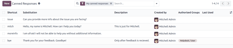 A list of canned responses emphasizing the shortcut and substitution fields.