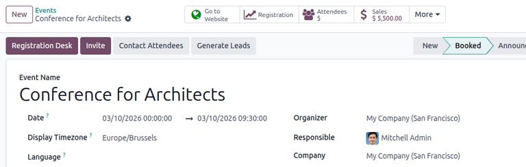 View of an event's form and the sales smart button in Odoo Events.