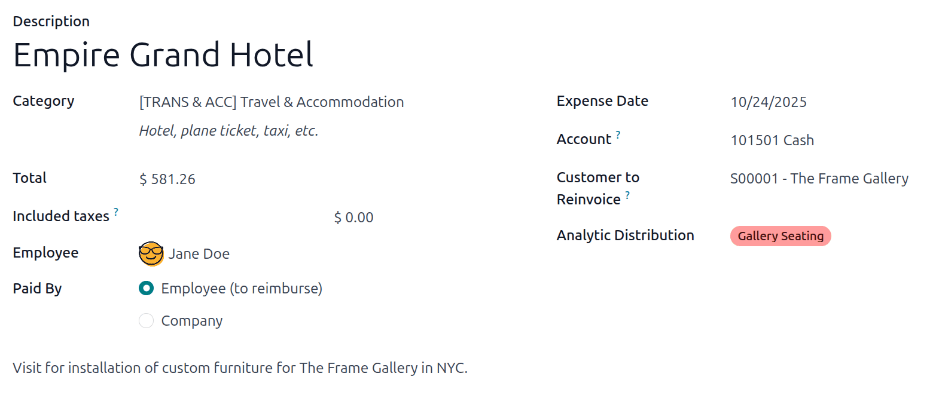An expense entry to reinvoice a project to the customer, for the gallery seating project.
