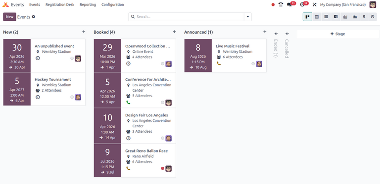 Overview of events setting with the kanban view in Odoo Events.