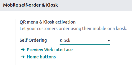 QR menu and kiosk setting activation