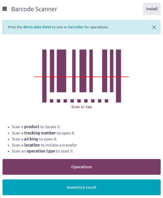 Barcode app start screen with scanner.