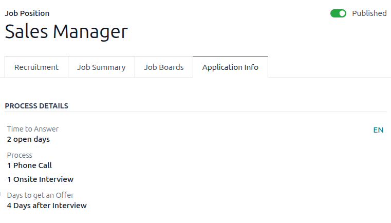 Enter job information details in the recruitment tab.