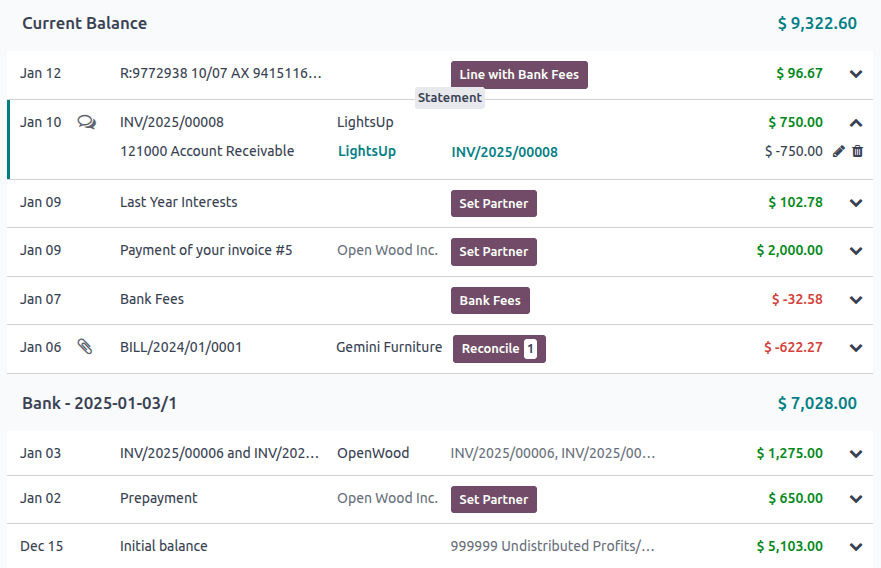A "Statement" button is visible when hovering on a transaction.