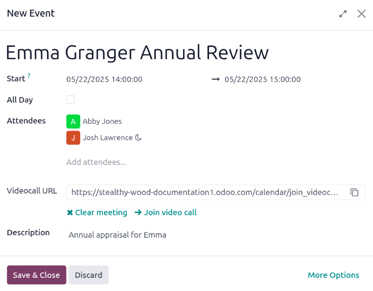 O formulário de reunião com todas as informações inseridas para a avaliação anual de Ronnie Hart.