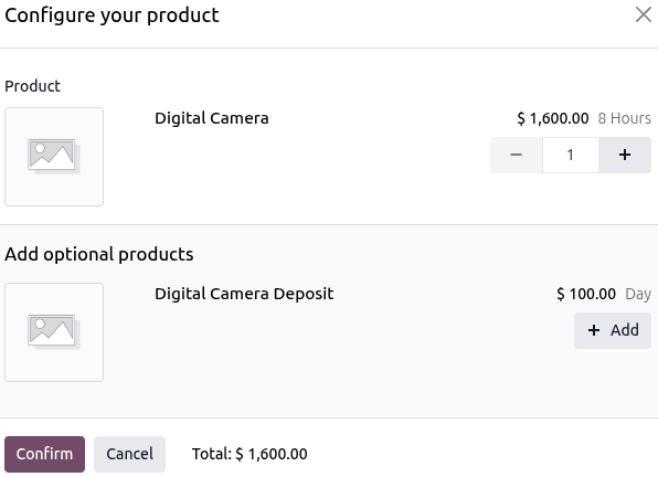 A Configure your product window for a Digital Camera and its deposit.