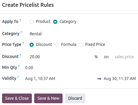 Sample of a filled out Create Price Rules window in the Rental app.