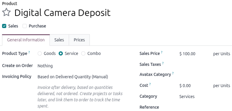 Rental product form configured as a digital camera deposit service in the Rental app.