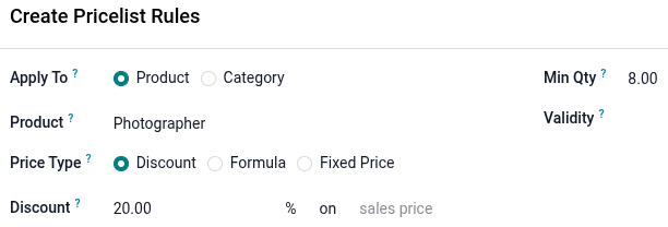 Sample of the customized Pricelist of service product in the Rental app.