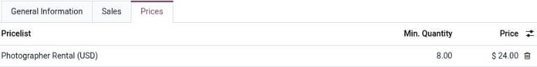 Sample of the Prices tab of service product in the Rental app.