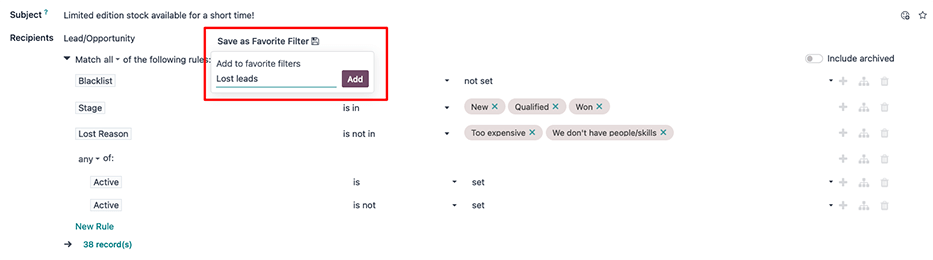 La ventana emergente Guardar como filtro favorito puede guardar los criterios de leads perdidos para después.