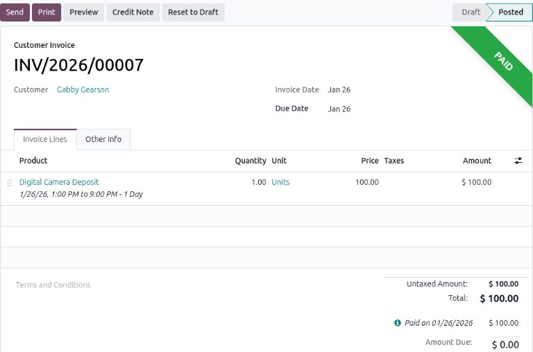 A paid deposit invoice to show the Credit Note button.