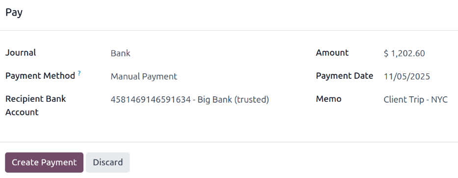 La ventana emergente de registro de pago con la información completa para reembolsar un informe de gastos.