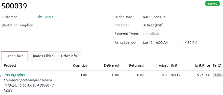 Sample of a rental order for a service product in the Rental app.