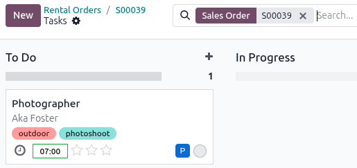 Sample of a project task card for the rental order in the Rental app.