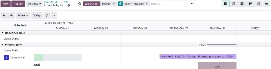 Planned shifts for a rental order in the Rental app.