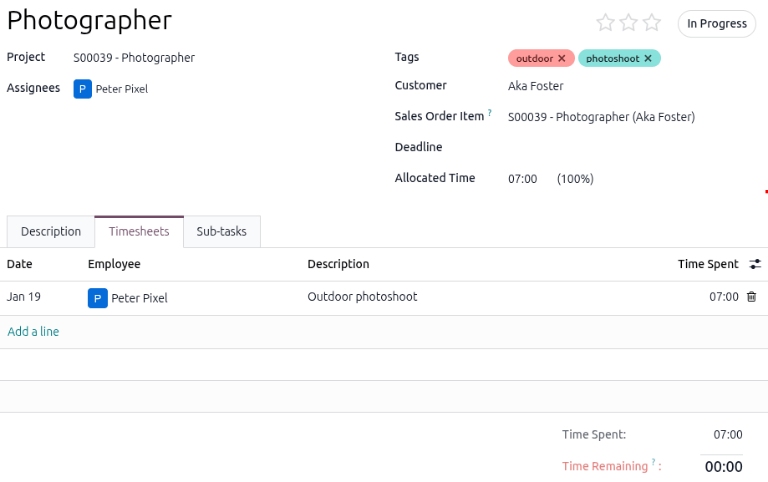 A task Timesheet tab for a rental order in the Rental app.