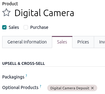 A Digital Camera rental product form with an Optional Product field configured to its deposit.