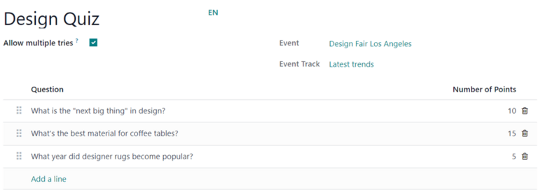 The Add Quiz page in the Odoo Events application for an event track.
