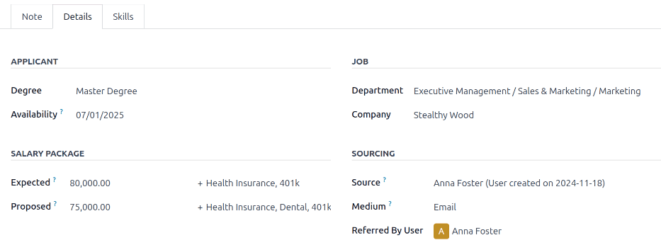 All the fields of the Details tab for a new applicant form entered.