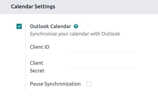 Le paramètre "Calendrier Outlook" activé dans Odoo.