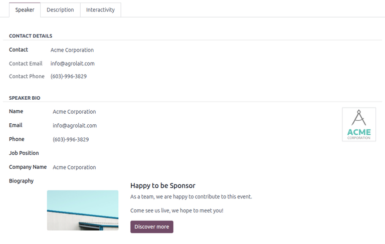 The Speaker tab on an event track form in the Odoo Events application.