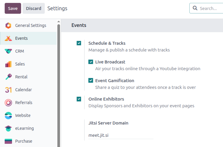 The Schedule and Tracks setting in the Odoo Events app, along with corresponding options.