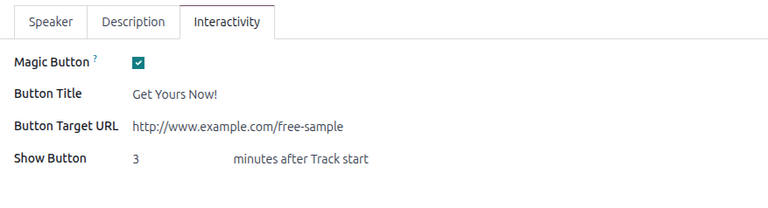 The Interactivity tab on an event track form in the Odoo Events application.
