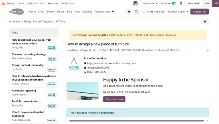 The track-related event submenu options on an event website built with Odoo Events.