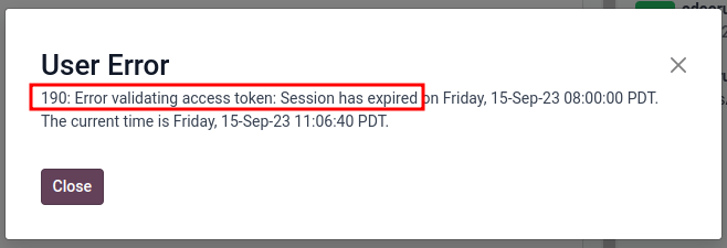 Error message displayed in Odoo when the temporary token expires.
