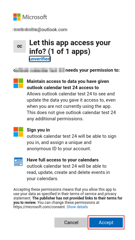 Processo de autenticação na página do Microsoft Outlook OAuth.