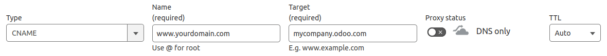 Adição de um registro DNS CNAME ao Cloudflare para redirecionar um subdomínio www para uma base de dados Odoo