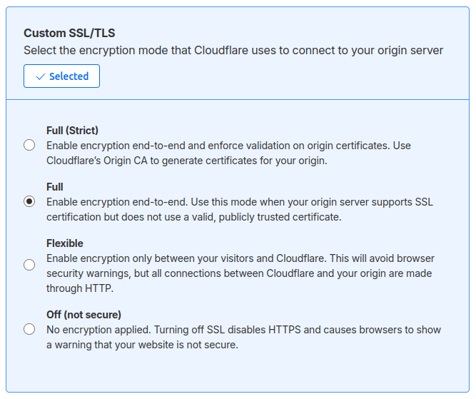 Definição do modo de criptografia como total no Cloudflare