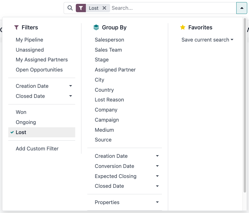 Barra de pesquisa com destaque para o filtro de perdidos.