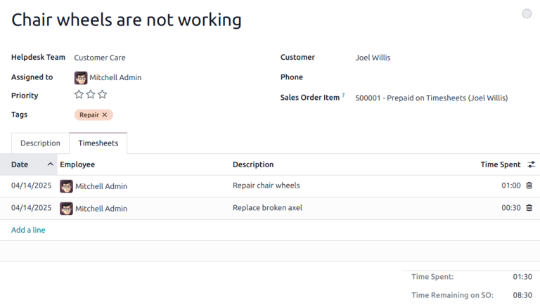 Visão da aba de planilha de horas em um chamado, com destaque para as horas restantes em um pedido de venda.