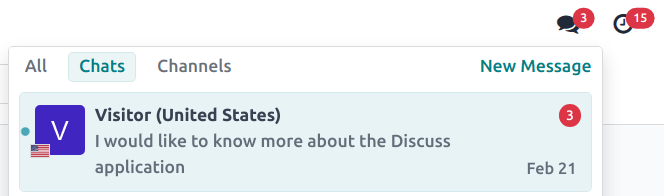 Odoo 菜单栏的视图，强调评论图标。