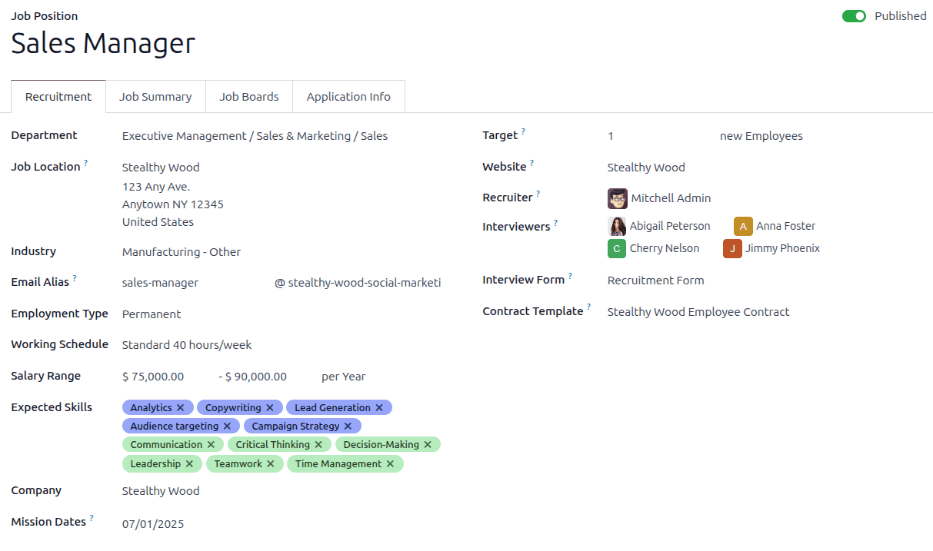 The job information details in the Recruitment tab.