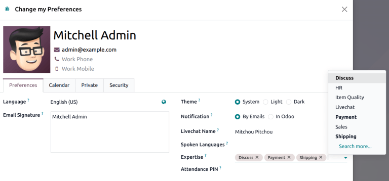 A user profile with the Live Chat Expertise menu open.